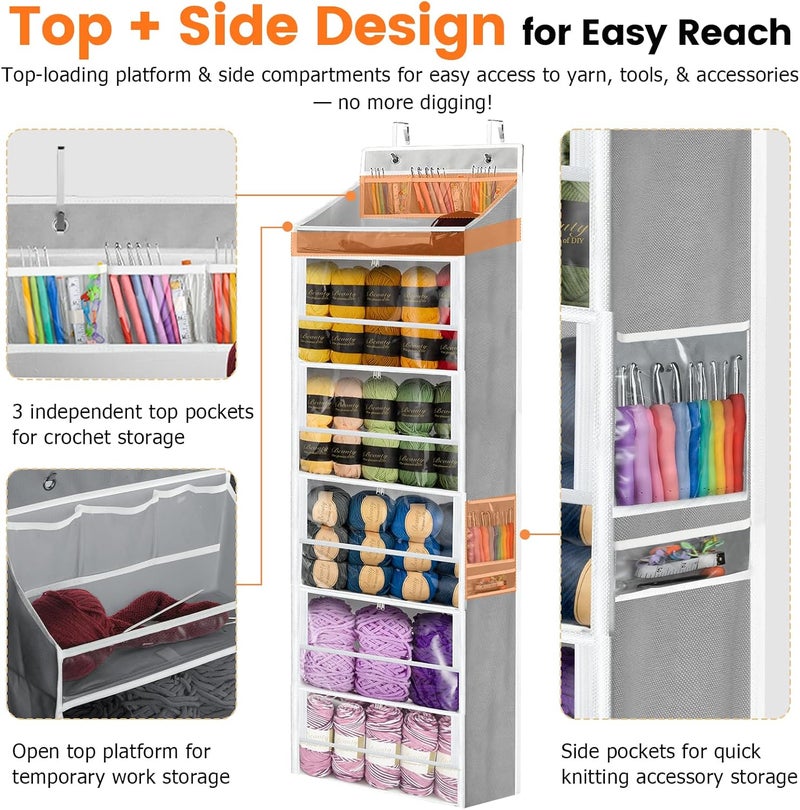 Yncotte Yarn Storage Organizer, Grey Yarn Holder Over the Door Hanging Crochet Kit Storage with 5 Zippered Compartments, Large Capacity Sewing Organizer Gifts for Knitters Needles Crochet Hooks - Image 2